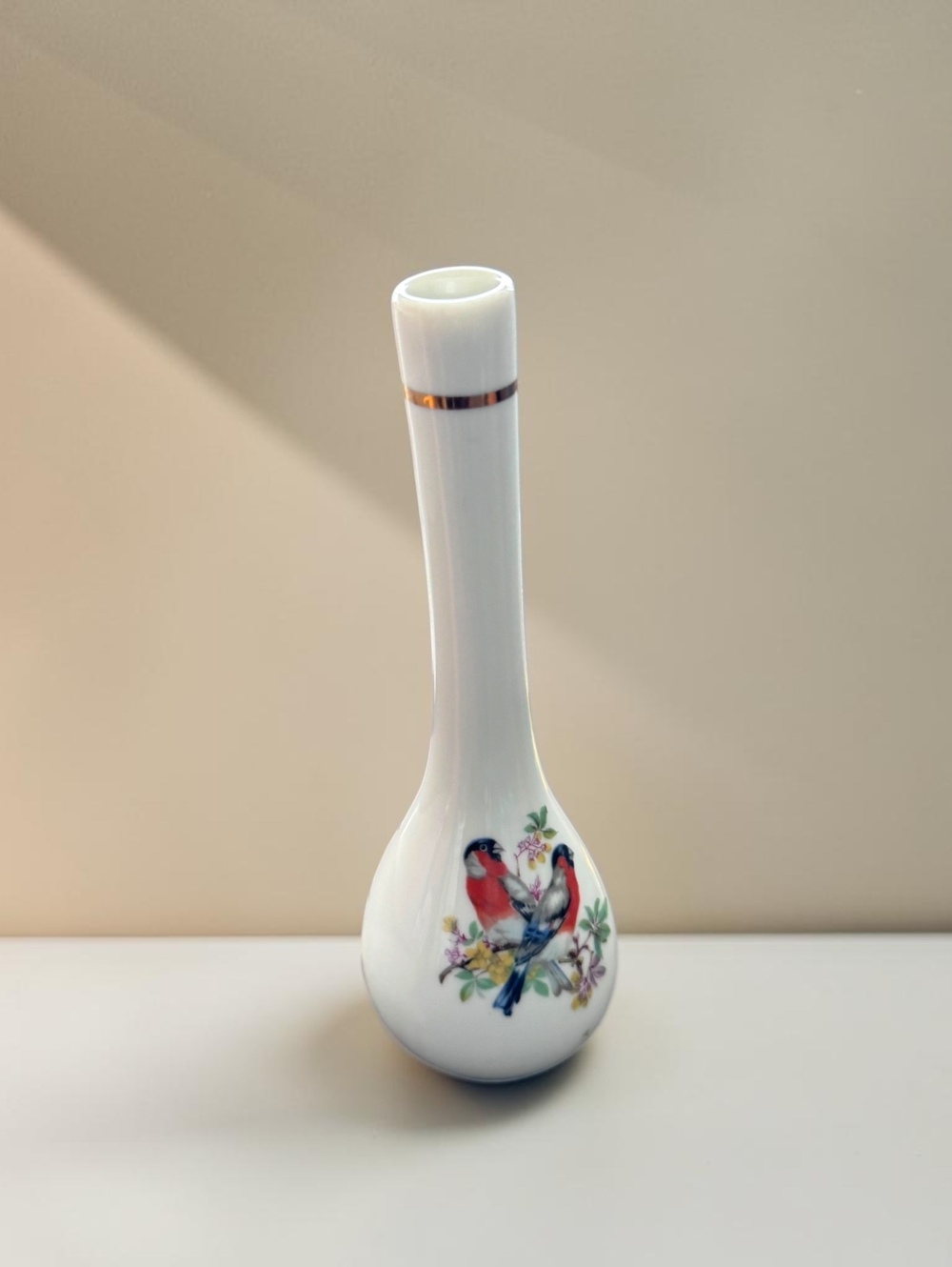 Vintage Porcelain Bud Vase with Bullfinch Bird Motif
